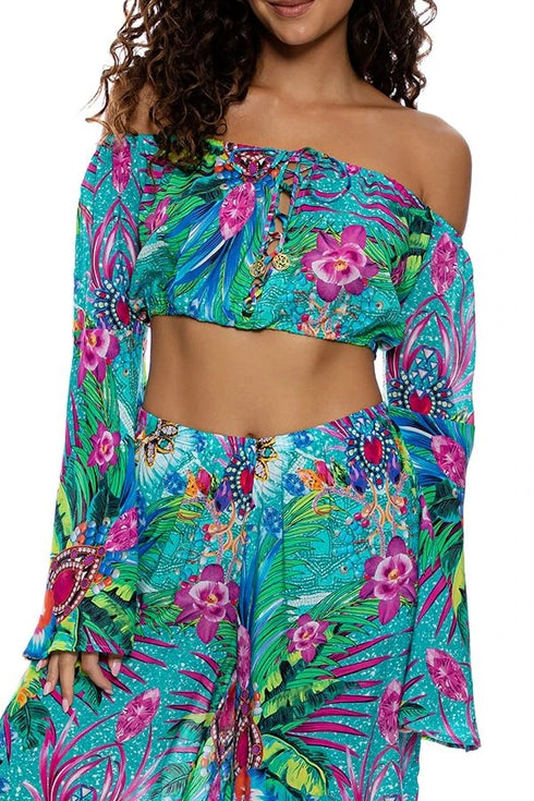 Luli Fama Hidden Gems Laced Up Off The Shoulder Crop Top